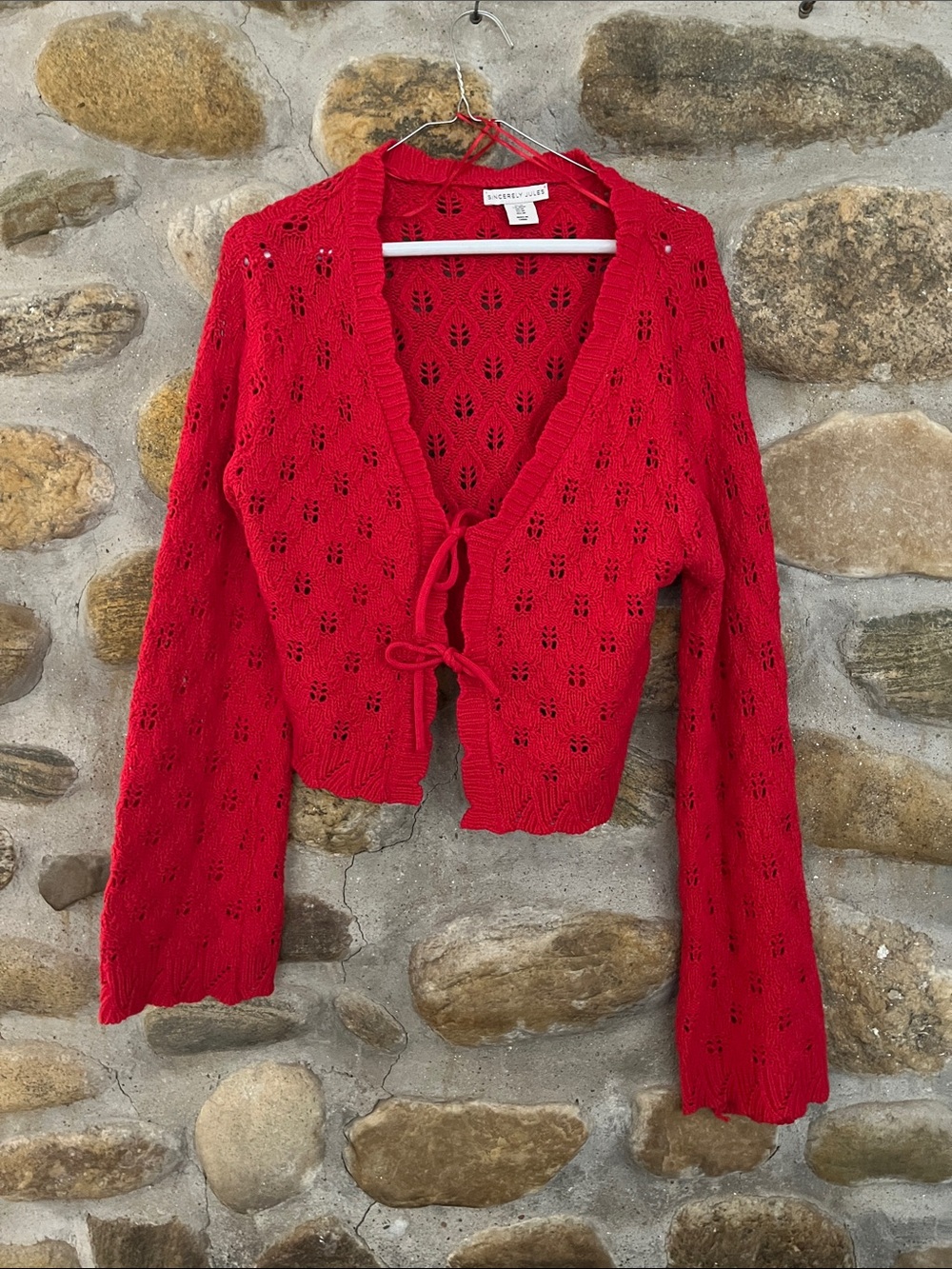 Sincerly Jules Red Tie-Front Crochet Cardigan
